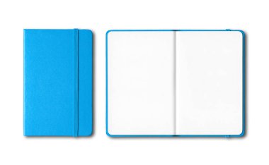 Cyan blue closed and open notebooks isolated on white