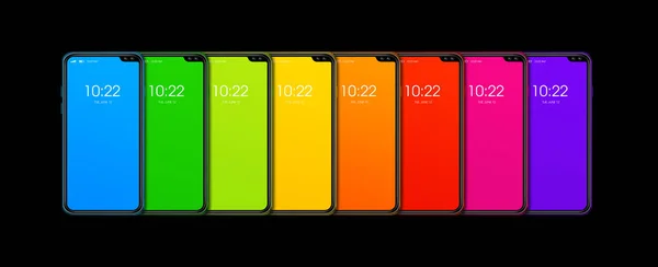 Rainbow colorful smartphone set banner. Isolated on black. 3D re — Stock Photo, Image