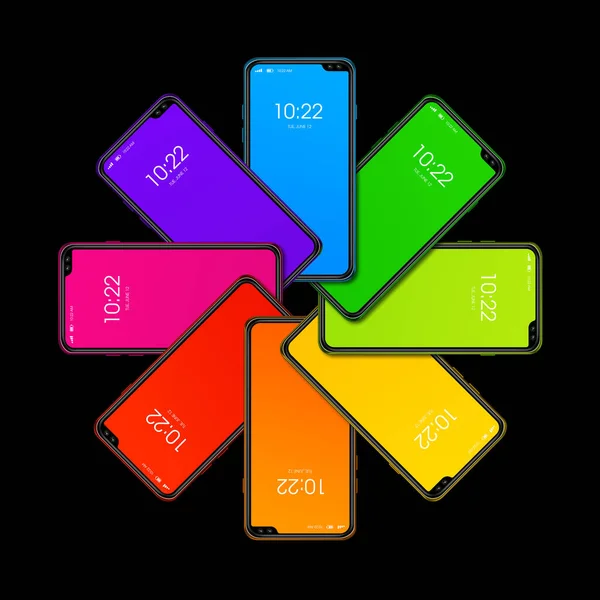 Smartphone de colores arco iris en forma de círculo. aislado en bla — Foto de Stock