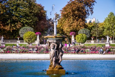 PARIS - September 19, 2019 : Pond and fountain in Luxembourg Gar