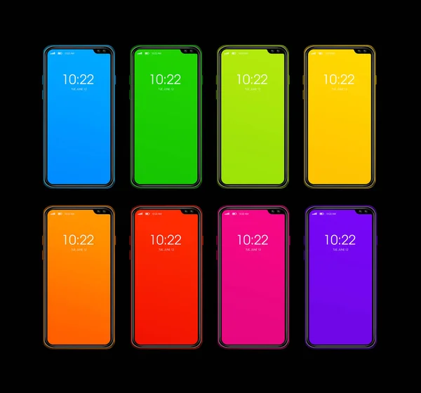 Rainbow Colorful Smartphone Set Isolated Black Background Render — Stock Photo, Image