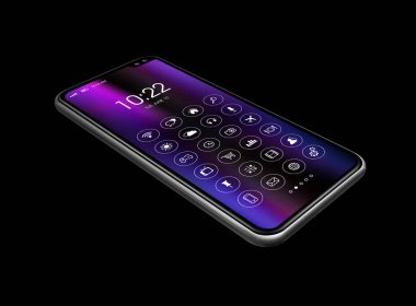 Simgesi siyaha ayrılmış tüm ekran dijital gerçekçi akıllı telefonlar. Perspektif görünümü 3B görüntüleyici