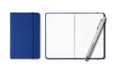Marine blue closed and open lined notebooks with a pen isolated on white clipart