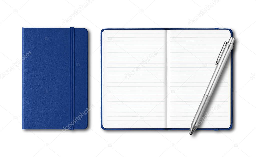 Marine blue closed and open lined notebooks with a pen isolated on white