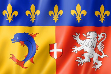 Rhone-Alpes Bölgesi bayrağı, Fransa 'da pankart koleksiyonu. 3d illüstrasyon