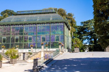 Jardin Des Plantes 'teki büyük sera. Botanik bahçesi, Paris, Fransa.