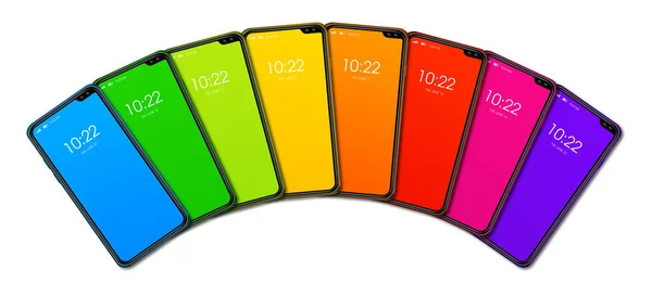 Rainbow Colorido Smartphone Definir Banner Isolado Fundo Branco Renderização — Fotografia de Stock