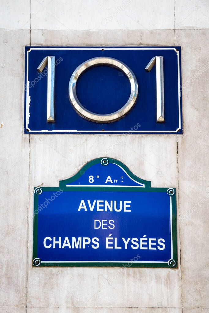 Avenue des Champs Elysees street sign in Paris, France