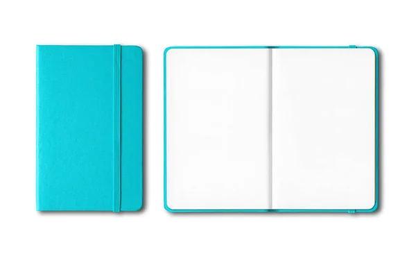 Aqua Blauw Gesloten Open Notebooks Mockup Geïsoleerd Wit — Stockfoto