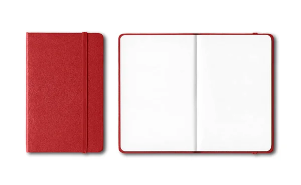 Ciemnoczerwone Zamknięte Otwarte Notebooki Makieta Izolowana Białym — Zdjęcie stockowe