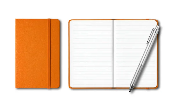 Carnets Doublés Orange Fermés Ouverts Avec Stylo Isolé Sur Blanc — Photo