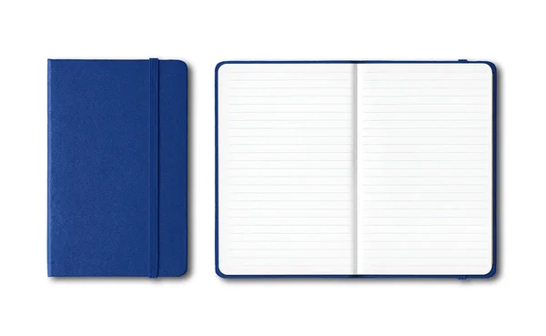 Azul Marinho Fechado Aberto Forrado Notebooks Mockup Isolado Branco — Fotografia de Stock
