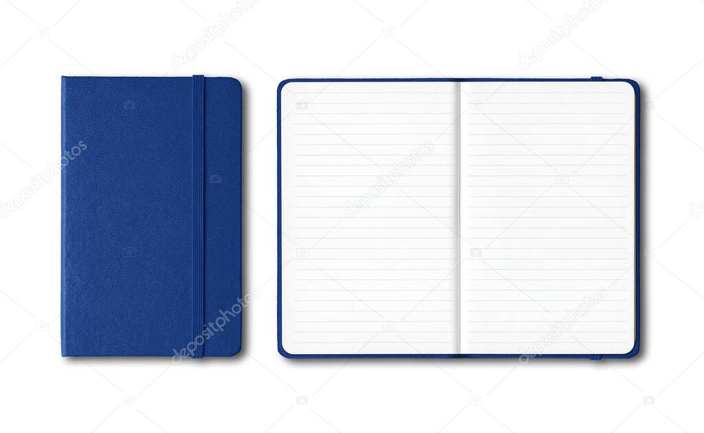 Marine blue closed and open lined notebooks mockup isolated on white