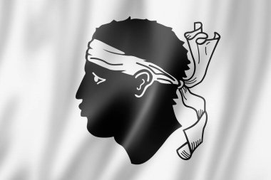 Korsika Bölgesi bayrağı, Fransa 'da pankart koleksiyonu. 3B illüstrasyon