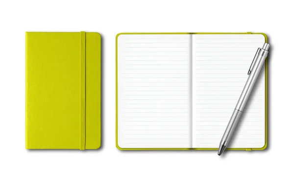 Lime Green Closed Open Lined Notes Books Pen Isolated White — 图库照片