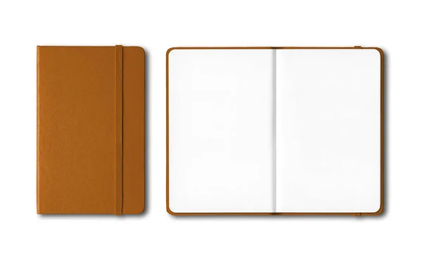 Lederen Gesloten Open Notebooks Mockup Geïsoleerd Wit — Stockfoto