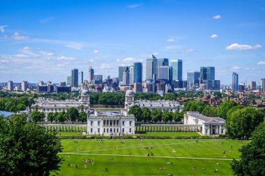 Canary Wharf panoramik görüntüsü Greenwich Park, Londra, İngiltere