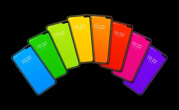 Conjunto Teléfonos Inteligentes Colores Arco Iris Aislados Sobre Fondo Negro — Foto de Stock