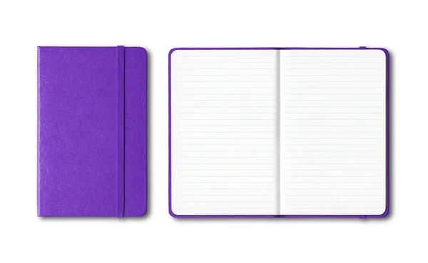 Paars Gesloten Open Gevoerd Notebooks Mockup Geïsoleerd Wit — Stockfoto