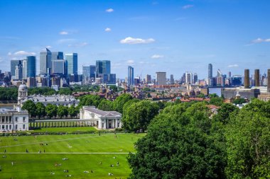 Canary Wharf panoramik görüntüsü Greenwich Park, Londra, İngiltere