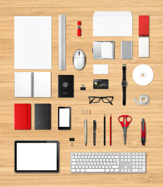 Office supplies mockup template, isolated on wooden background