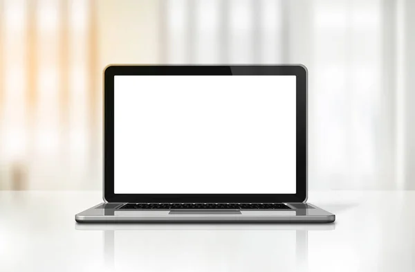 Blanco Laptop Computer Geïsoleerd Kantoor Bureau Interieur Achtergrond — Stockfoto