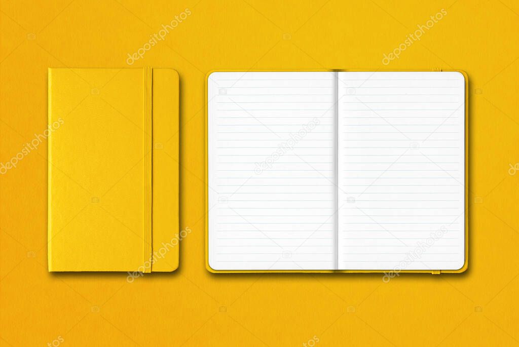 Yellow closed and open lined notebooks mockup isolated on colorful background