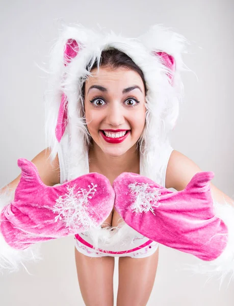 Happy girl in rabbit costume feel excited and show thumbs up Royalty Free Stock Images