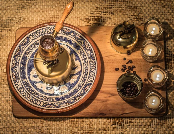 Turkish Coffee Pot Boiling Coffee Brewing Drinking Ceremony — Stock Photo, Image