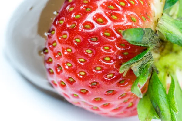 Strawberry in chocolate over white background — Stock Photo, Image