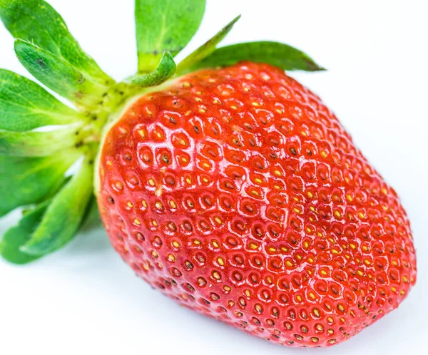 Ripe strawberry on white background with green foliage — Stock Photo, Image