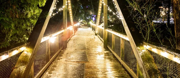 Outdoor string christmas lights on the bridge,winter wonderland.