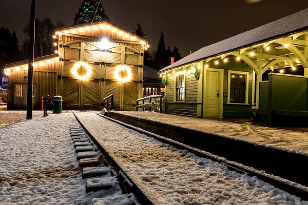 Casa do celeiro decorada com luzes de Natal fotografadas em uma noite de inverno, esta grinalda se destaca contra o fundo de madeira intemperizado . — Fotografia de Stock