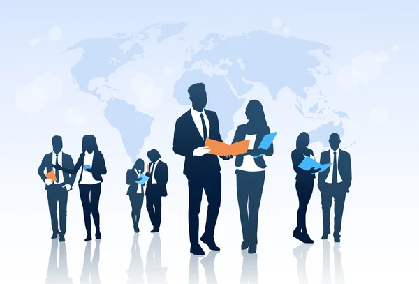 Business People Team Crowd Silhouette Businesspeople Group détient des dossiers de documents sur la carte du monde — Image vectorielle