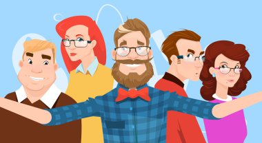 Renkli rahat Hipster arkadaşlar insanların grup Selfie fotoğrafta üzerinde akıllı telefon