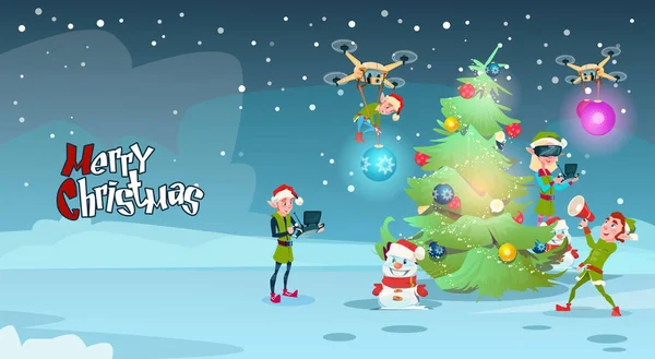 Grupo Elfo Verde Decorações Árvore de Natal —  Vetores de Stock