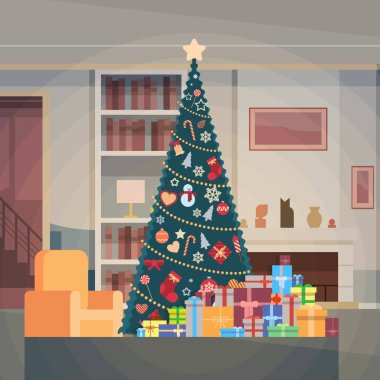 Noel ağacı hediye kutusu ev iç dekorasyon Happy New Year Banner ile yeşil