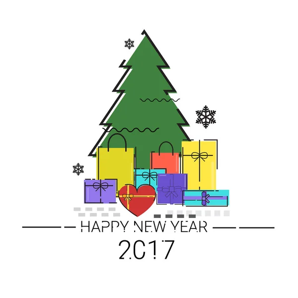 Feliz Navidad Feliz Año Nuevo Línea Simple Bosquejo Banner Card Outline — Archivo Imágenes Vectoriales