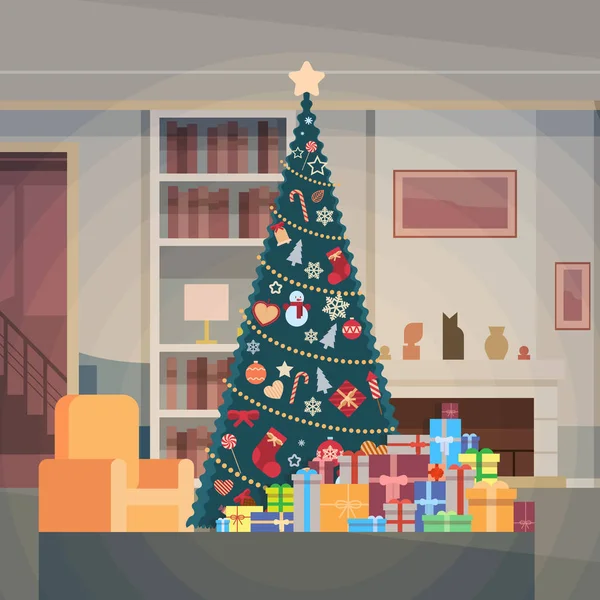 Árvore verde de Natal com caixa de presente Casa Decoração de interiores Feliz Ano Novo Banner — Vetor de Stock