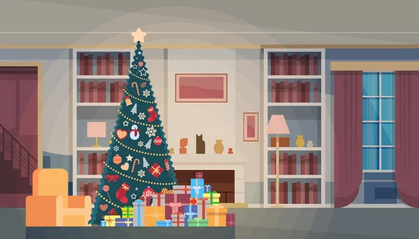 Рождественская зеленая елка с подарком Box House украшения интерьера С Новым годом Знамя — стоковый вектор