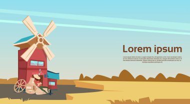 Yel değirmeni buğday hasat tarım arazileri afiş yakınındaki çiftçi