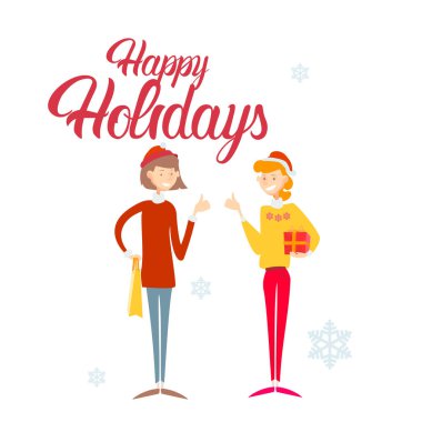 İki mutlu iş kadın tutun mevcut kutusu Hediyelik neşeli Noel ve yeni yıl