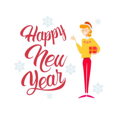 Mutlu bir iş kadını tutun mevcut kutusu Hediyelik Merry Christmas ve yeni yıl