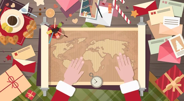 Papá Noel Clause Navidad Personaje de dibujos animados Sitting Desk World Map Concept — Vector de stock