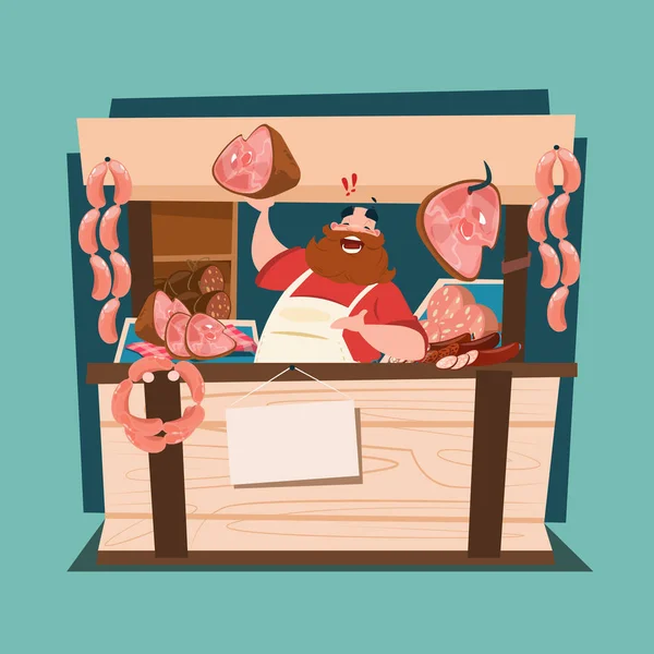 Farmer vende productos de carne de cerdo en Eco Farm Organic Market — Vector de stock