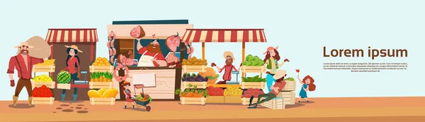 Mezőgazdasági termelő családi eladni betakarítás termékek élelmiszer-öko Farm biopiac szezonális eladó — Stock Vector