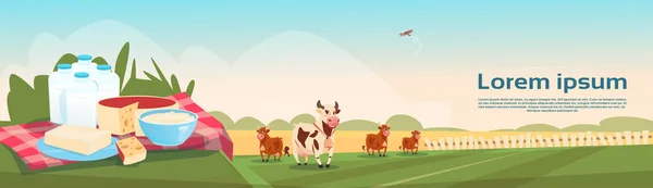Banner di agricoltura ecologica per prodotti lattiero-caseari a base di latte fresco di mucche — Vettoriale Stock
