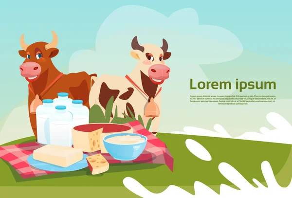 Vacas Leche fresca Productos lácteos Eco Farming Banner — Archivo Imágenes Vectoriales