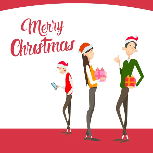 Happy obchodní lidé drží současné Box dárek Veselé Vánoce a nový rok — Stockový vektor
