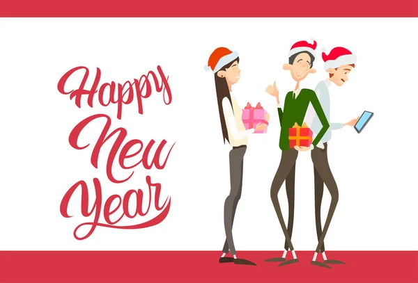 Happy Business People Hold Present Box cadeau Joyeux Noël et Nouvel An — Image vectorielle
